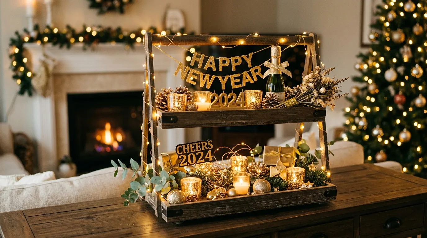 Cozy New Year's Eve tiered tray with candles